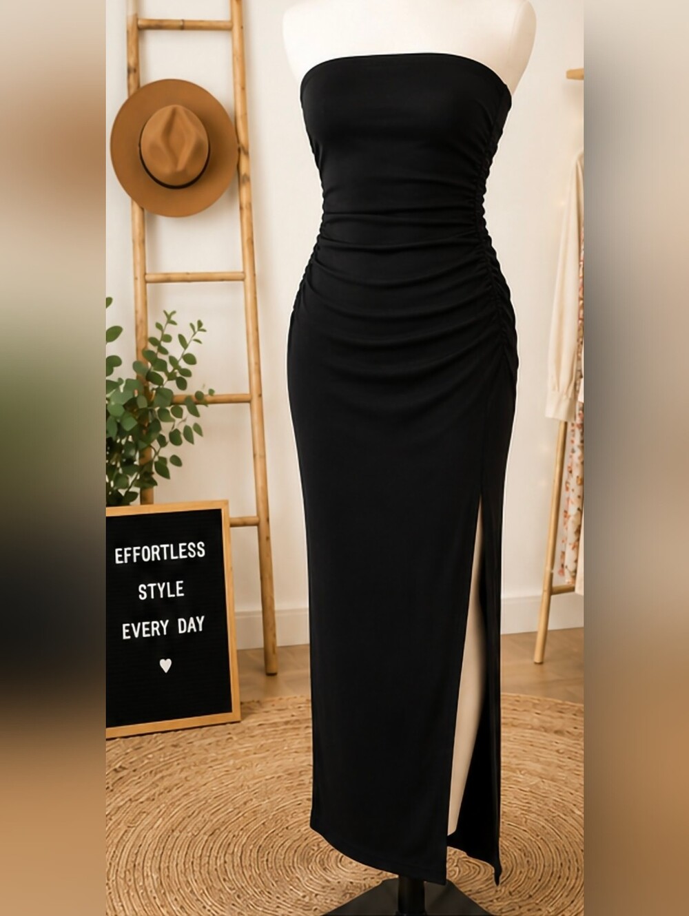 SHEIN Black Strapless Ruched Maxi Skirt with Side Slit